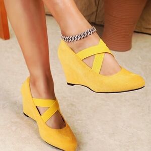 Sunshine Yellow Crisscross Wedge Pumps